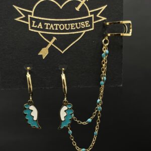 CREOLES AVEC EARCUFF NON PERCEE AILE BLEUE