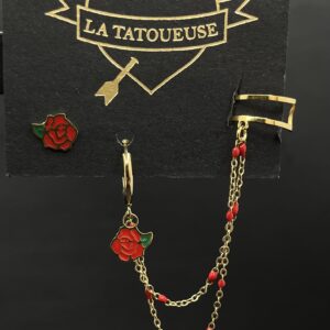 CREOLES AVEC EARCUFF NON PERCEE ROSE ROUGE