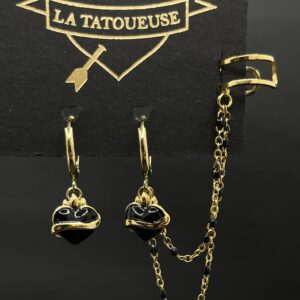 CREOLES AVEC EARCUFF NON PERCEE COEUR SACRE NOIR